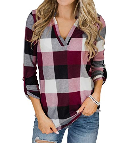 Andongnywell Women Lace Long Sleeve Casual Plaid V-Neck Loose Irregular Hem Shirt Top Costume Blouse Tunics Shirts (Wine Red,1,Small)