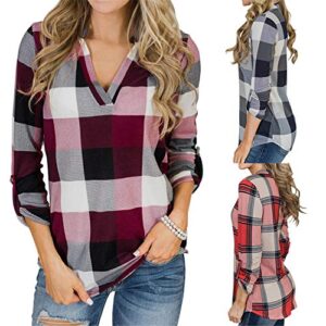 Andongnywell Women Lace Long Sleeve Casual Plaid V-Neck Loose Irregular Hem Shirt Top Costume Blouse Tunics Shirts (Wine Red,1,Small)