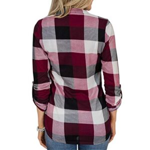 Andongnywell Women Lace Long Sleeve Casual Plaid V-Neck Loose Irregular Hem Shirt Top Costume Blouse Tunics Shirts (Wine Red,1,Small)