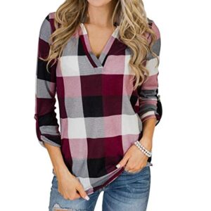 Andongnywell Women Lace Long Sleeve Casual Plaid V-Neck Loose Irregular Hem Shirt Top Costume Blouse Tunics Shirts (Wine Red,1,Small)