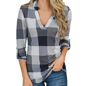 Andongnywell Womens Casual lace Plaid V Neck Long Sleeves Plaid Irregular Hem Shirts Blouses Top t Shirts Tunics (Gray,2,Medium)