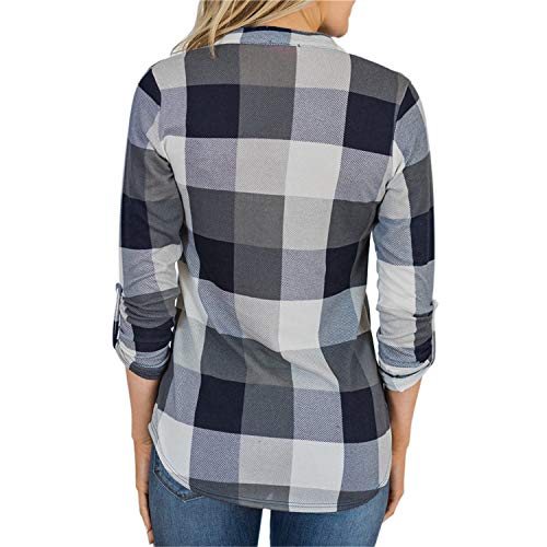 Andongnywell Womens Casual lace Plaid V Neck Long Sleeves Plaid Irregular Hem Shirts Blouses Top t Shirts Tunics (Gray,2,Medium)