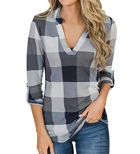 Andongnywell Womens Casual lace Plaid V Neck Long Sleeves Plaid Irregular Hem Shirts Blouses Top t Shirts Tunics (Gray,2,Medium)