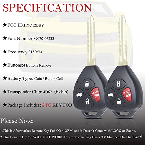 Key Fob Remote Replacement Fits for Toyota Camry 2007 2008 2009 2010 2011/Corolla 2009-2010 HYQ12BBY Keyless Entry Remote Control 89070-06232(Pack of 2)