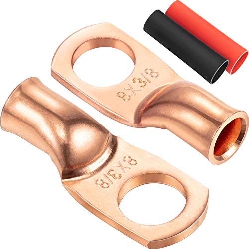 10 Pack UL Copper Wire Lugs 8 Gauge 8 AWG 3/8 Inch Heavy Duty Battery Cable Terminal Connector, Ring Terminal Copper Crimp Lugs Welding Cable Bare Copper Eyelet Lug with Heat Shrink