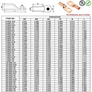 10 Pack UL Copper Wire Lugs 8 Gauge 8 AWG 3/8 Inch Heavy Duty Battery Cable Terminal Connector, Ring Terminal Copper Crimp Lugs Welding Cable Bare Copper Eyelet Lug with Heat Shrink