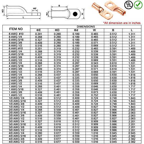 10 Pack UL Copper Wire Lugs 8 Gauge 8 AWG 3/8 Inch Heavy Duty Battery Cable Terminal Connector, Ring Terminal Copper Crimp Lugs Welding Cable Bare Copper Eyelet Lug with Heat Shrink