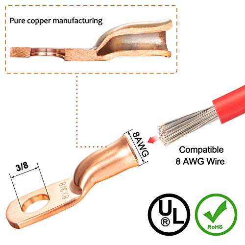 10 Pack UL Copper Wire Lugs 8 Gauge 8 AWG 3/8 Inch Heavy Duty Battery Cable Terminal Connector, Ring Terminal Copper Crimp Lugs Welding Cable Bare Copper Eyelet Lug with Heat Shrink