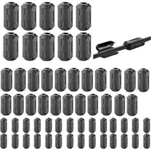 tamicy 60 pieces clip-on ferrite ring core rfi emi noise suppressor cable clip for 3mm/ 5mm/ 7mm/ 9mm/ 13mm diameter/video cable power cord (black)