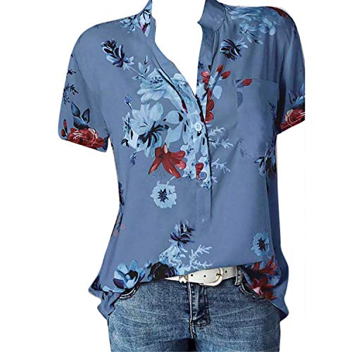 Andongnywell Women's Short Sleevele Summer V Neck Floral Printed Tops Casual Loose Ruffle Blouse Shirts (Blue,6,3X-Large)