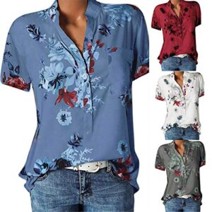 Andongnywell Women's Short Sleevele Summer V Neck Floral Printed Tops Casual Loose Ruffle Blouse Shirts (Blue,6,3X-Large)