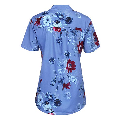 Andongnywell Women's Short Sleevele Summer V Neck Floral Printed Tops Casual Loose Ruffle Blouse Shirts (Blue,6,3X-Large)