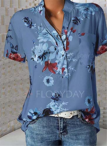 Andongnywell Women's Short Sleevele Summer V Neck Floral Printed Tops Casual Loose Ruffle Blouse Shirts (Blue,6,3X-Large)