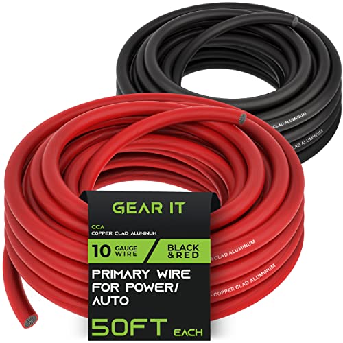 GearIT 10 Gauge Wire (50ft Each - Black/Red) Copper Clad Aluminum CCA - Primary Automotive Power/Ground for Battery Cable, Car Audio, Trailer Harness, Electrical - 100 Feet Total 10ga AWG Wire