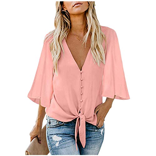 Andongnywell Womens Button Down V Neck Tie Knot Front Tops 3/4 Sleeve Chiffon Casual Blouse Shirts Tunics (Pink,4,X-Large)