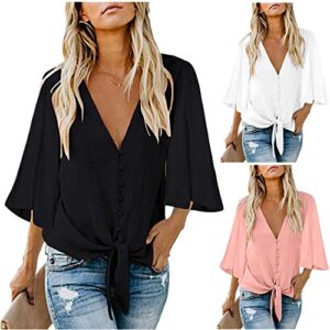 Andongnywell Womens Button Down V Neck Tie Knot Front Tops 3/4 Sleeve Chiffon Casual Blouse Shirts Tunics (Pink,4,X-Large)