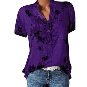 Andongnywell Women's Short Sleeve Tops Floral V Neck Casual Blouses Shirts Button Up Tunic Blouses (Purple,7,4X-Large)