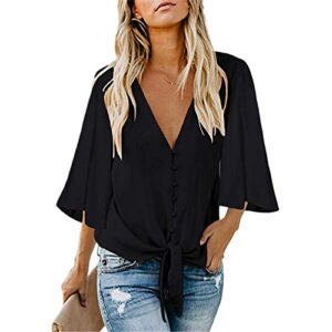 andongnywell women’s solid color tops 3/4 sleeve tops v neck casual loose womens tops and blouses tunics (black,1,small)