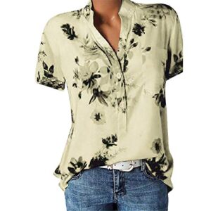 Andongnywell Women's Casual Floral Print V Neck Short Sleeve Shirts Tops Loose Blouses Printed V-Neck Shirt (Apricot,3,Large)