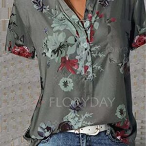 Andongnywell Women's Fashion Floral Printed Top Summer V Neck Short Sleeve Flowy Shirts Blouse Tunics (Black,7,4X-Large)