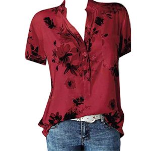 andongnywell women’s casual printed v-neck shirt floral print v neck short sleeve shirts tops loose blouses (red,3,large)