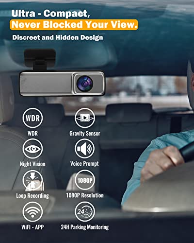 Dash Cam 1080P WiFi Dash Camera for Cars, Dash cam Front with App, Car Camera with Night Vision, 170° Wide Angle WDR, 24 Hours Parking Mode, G-Sensor, Loop Recording, Support 128GB Max - Car Charger