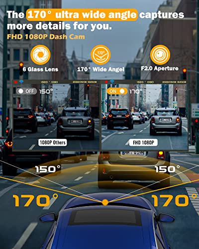 Dash Cam 1080P WiFi Dash Camera for Cars, Dash cam Front with App, Car Camera with Night Vision, 170° Wide Angle WDR, 24 Hours Parking Mode, G-Sensor, Loop Recording, Support 128GB Max - Car Charger