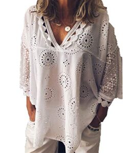 andongnywell women’s casual solid color v neck lace crochet bell sleeve shirts tops loose blousess (white,8,5x-large)