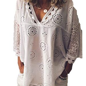 Andongnywell Women's Casual Solid Color V Neck Lace Crochet Bell Sleeve Shirts Tops Loose Blousess (White,8,5X-Large)