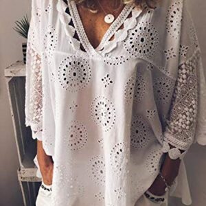 Andongnywell Women's Casual Solid Color V Neck Lace Crochet Bell Sleeve Shirts Tops Loose Blousess (White,8,5X-Large)