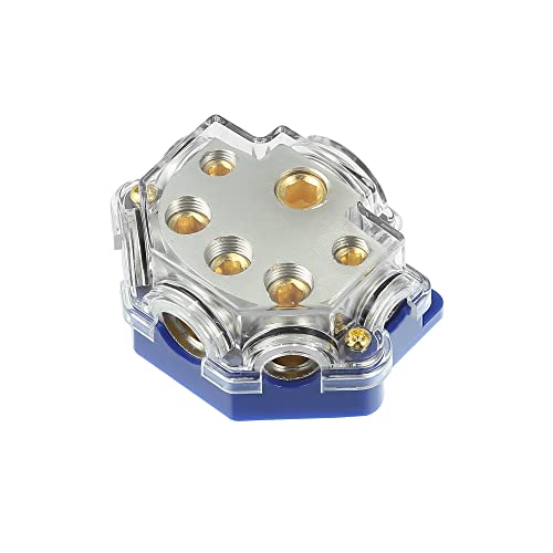 X AUTOHAUX 0/2/4 Gauge in 2/4/8 Gauge Out 5 Ways Stereo AMP Power Ground Distribution Block for Car Audio Splitter Blue Base Cover