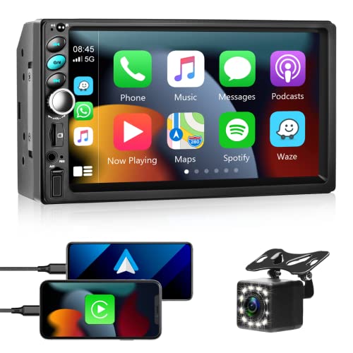 Apple CarPlay Double Din Car Stereo Radio with Android auto,7 inch Bluetooth Touchscreen Radio Support Phone Mirror Link FM Radio,Car Audio Receivers with Mic HD Backup Camera USB/TF Card Port/AUX-in