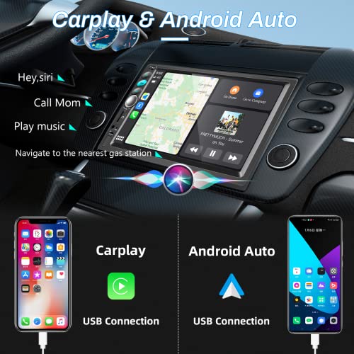 Apple CarPlay Double Din Car Stereo Radio with Android auto,7 inch Bluetooth Touchscreen Radio Support Phone Mirror Link FM Radio,Car Audio Receivers with Mic HD Backup Camera USB/TF Card Port/AUX-in