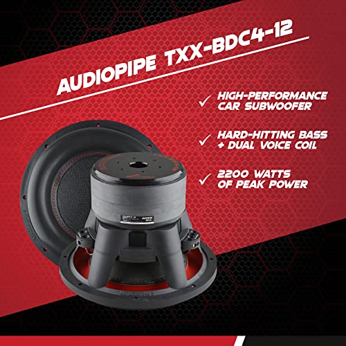 AudioPipe TXX-BDC4-12 12 Inch 2,200 Watt High Performance Powerful 4 Ohm DVC Vehicle Car Audio Subwoofer Speaker System, Black (2 Pack)