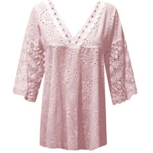 andongnywell women’s casual v neck tops hollow out loose cut out embroidered shirt tunic blouses tops (pink,6,3x-large)