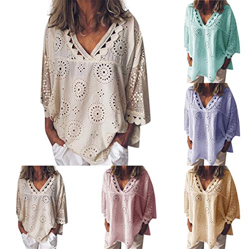 Andongnywell Women's Casual V Neck Tops Hollow Out Loose Cut Out Embroidered Shirt Tunic Blouses Tops (Pink,6,3X-Large)