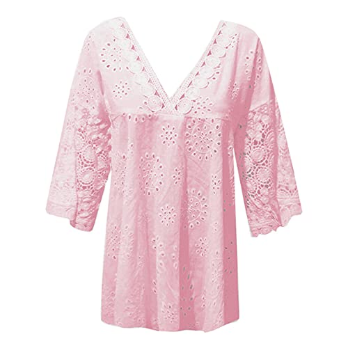 Andongnywell Women's Casual V Neck Tops Hollow Out Loose Cut Out Embroidered Shirt Tunic Blouses Tops (Pink,6,3X-Large)