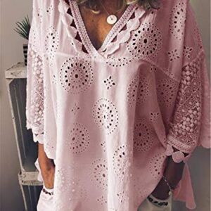 Andongnywell Women's Casual V Neck Tops Hollow Out Loose Cut Out Embroidered Shirt Tunic Blouses Tops (Pink,6,3X-Large)