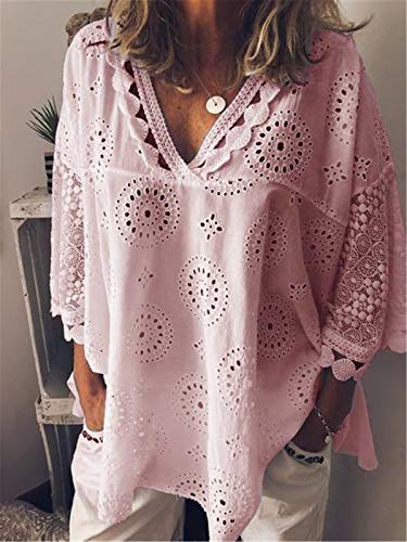 Andongnywell Women's Casual V Neck Tops Hollow Out Loose Cut Out Embroidered Shirt Tunic Blouses Tops (Pink,6,3X-Large)