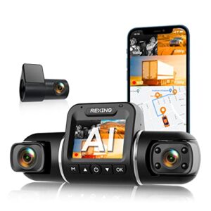 rexingusa v2 pro ai dash cam 3-channel front/cabin/rear 1080p recording with mobile app night vision dash camera w/front collision warning, pedestrian alert, lane departure warning,clear to go alert