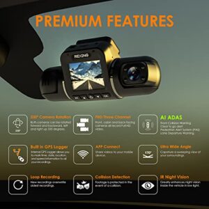 RexingUSA V2 PRO AI Dash Cam 3-Channel Front/Cabin/Rear 1080p Recording with Mobile App Night Vision Dash Camera w/Front Collision Warning, Pedestrian Alert, Lane Departure Warning,Clear to Go Alert