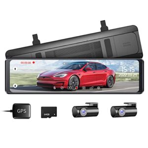 lingdu ld03 12″ full touch screen mirror dash cam with detached camera, front and rear dual cameras, backup view mirror camera, fhd 1080p, super night vision for car, includes free 64gb card & gps