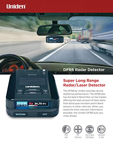 Uniden DFR8 Super Long Range Laser and Radar Detection, Advanced K/KA Band Filter, Voice Notifications, Ultra-bright Multi-Colored OLED Display