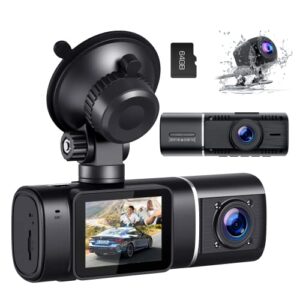 3 channel dash cam front and rear inside, 1080p dash camera for cars with 64gb u3 sd card, dashcam three way triple car camera with ir night vision, parking monitor, wdr