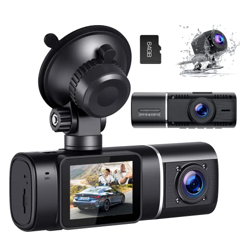 3 Channel Dash Cam Front and Rear Inside, 1080P Dash Camera for Cars with 64GB U3 SD Card, Dashcam Three Way Triple Car Camera with IR Night Vision, Parking Monitor, WDR