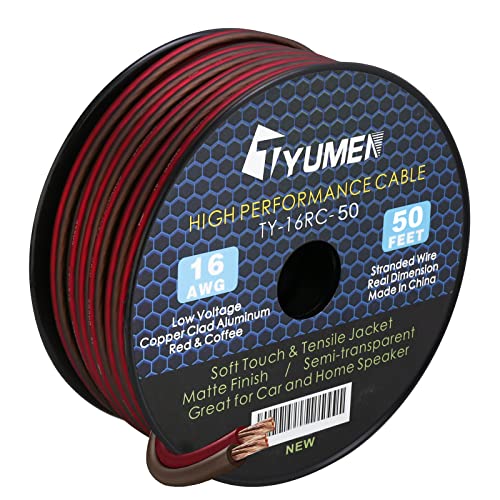 TYUMEN 50FT 16 Gauge 2 Conductor Electrical Wire, Matte Finish Semi-Transparent Red Brown Wire, 16 AWG Stranded Ultra Flexible Wire for Automotive Wire, Car Audio Speaker, 12 Volt Low Voltage Wiring