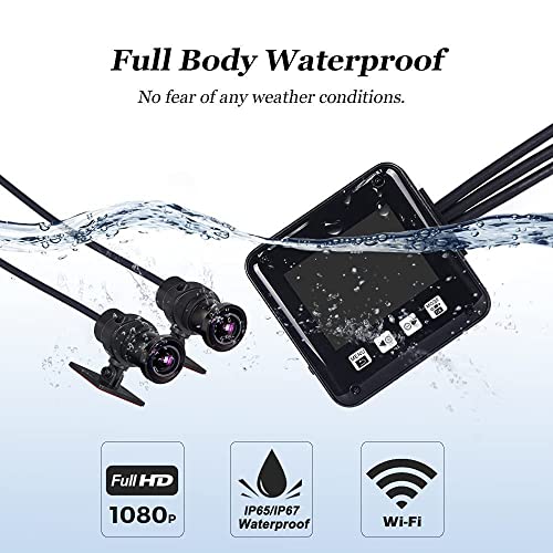 VSYSTO WiFi Motorcycle Dash Cam, 2 Inch Screen All Waterproof HD 1080P WDR SONY307 150° Wide Angle Fisheye Lens Front and Rear Camera, Night Vision, G-Sensor Loop Recording (Black-2Inch)