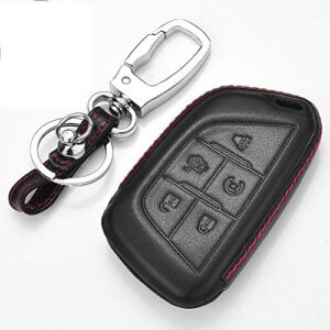 royalfox(tm) for cadillac new blade shape key, 5 buttons leather full protection keyless remote smart key fob case cover keychain for 2020 2021 cadillac ct5 ct4-v chevrolet corvette c8 (leather black)