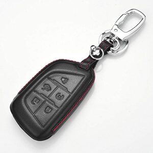 Royalfox(TM) for cadillac new blade shape key, 5 buttons leather full protection keyless remote smart Key Fob case Cover keychain For 2020 2021 cadillac ct5 CT4-V Chevrolet Corvette C8 (leather black)