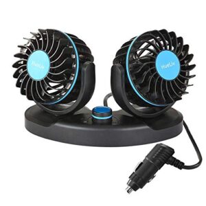 hueliv car fan 12v, electric car cooling fan with 360 degree adjustable dual head that plugs into cigarette lighter/low noise automobile vehicle fan for car truck van suv rv boat